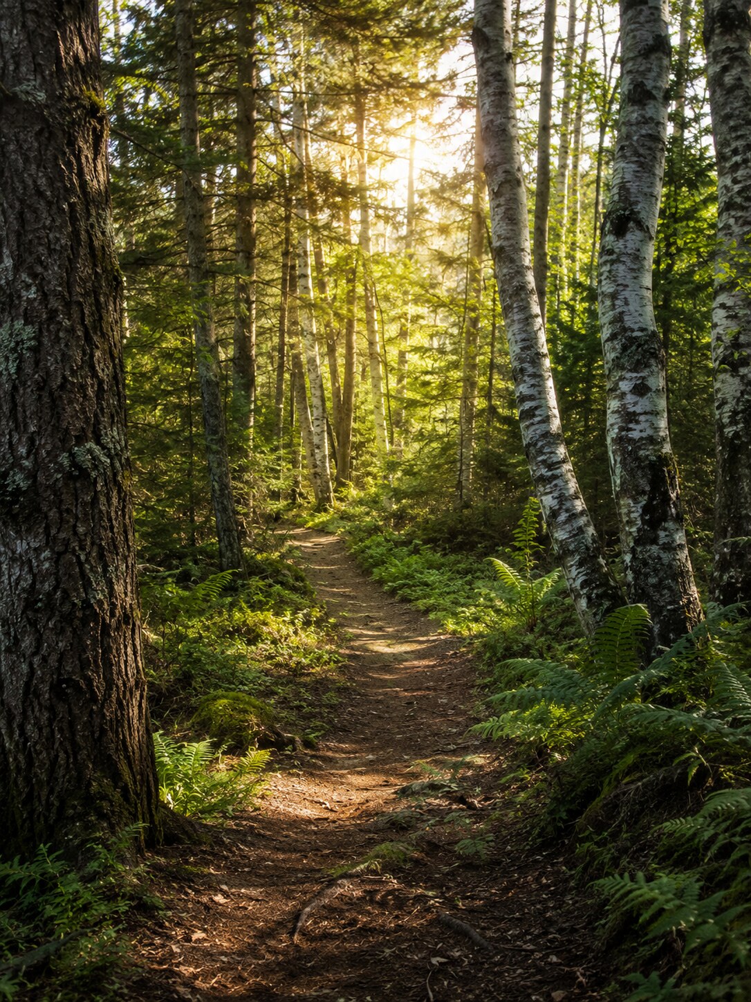 Sunlight filtering through a quiet woodland path